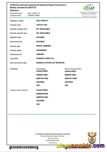 South Africa certificate of company registration, version 2